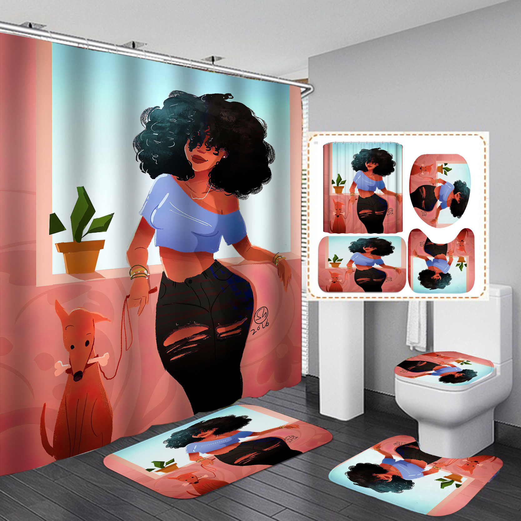 Nuevo suministro directo transfronterizo 3D Impresión digital impermeable baño Mujer Africana ducha cortina fábrica suministro directo Cortina de ducha al por mayor