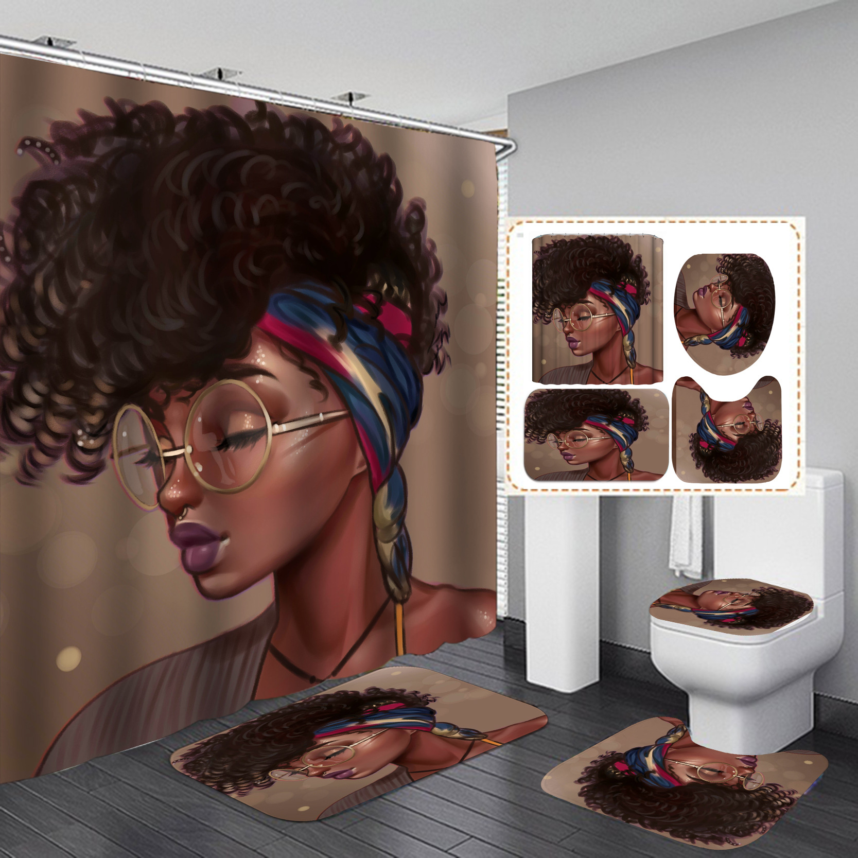 Nuevo suministro directo transfronterizo 3D Impresión digital impermeable baño Mujer Africana ducha cortina fábrica suministro directo Cortina de ducha al por mayor