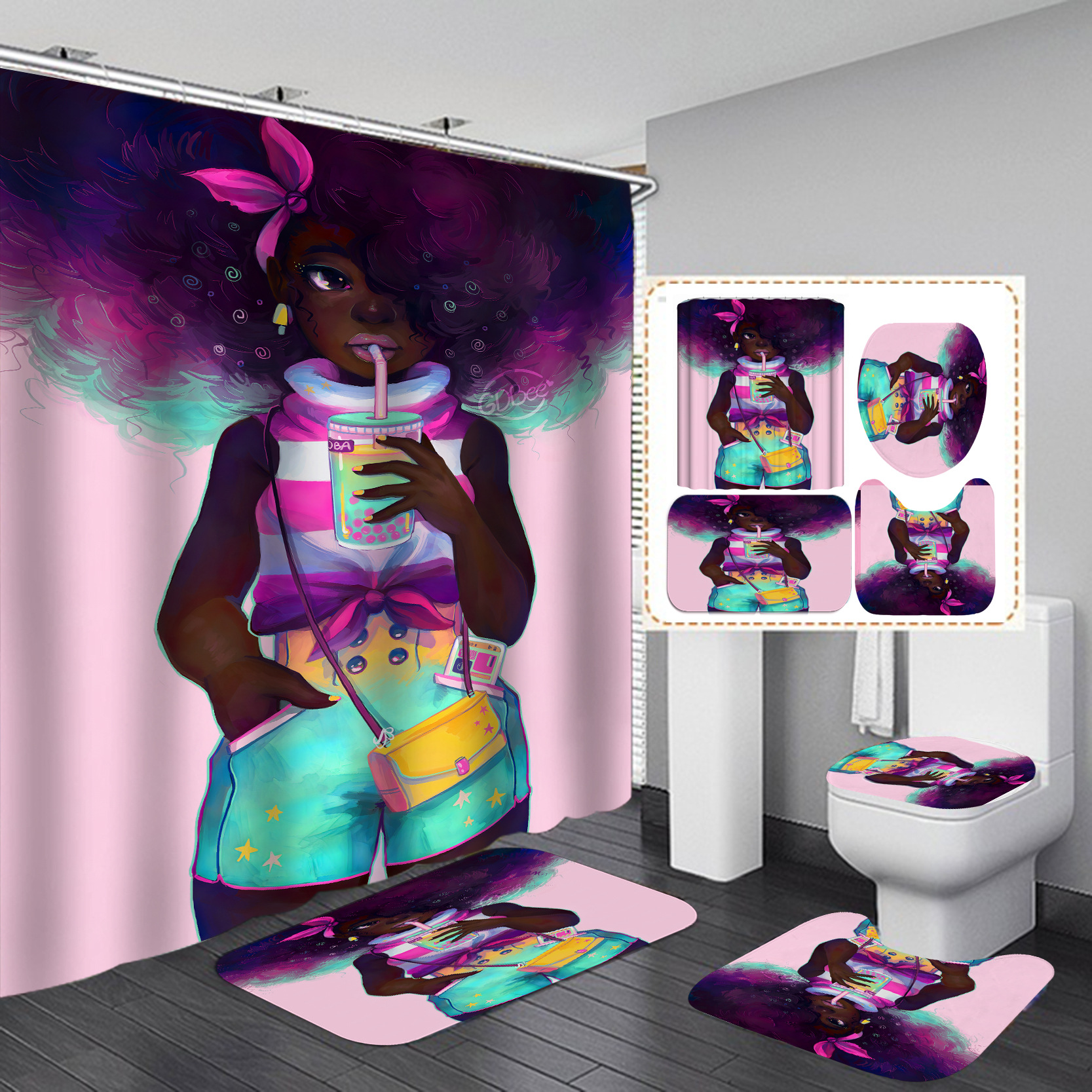 Nuevo suministro directo transfronterizo 3D Impresión digital impermeable baño Mujer Africana ducha cortina fábrica suministro directo Cortina de ducha al por mayor