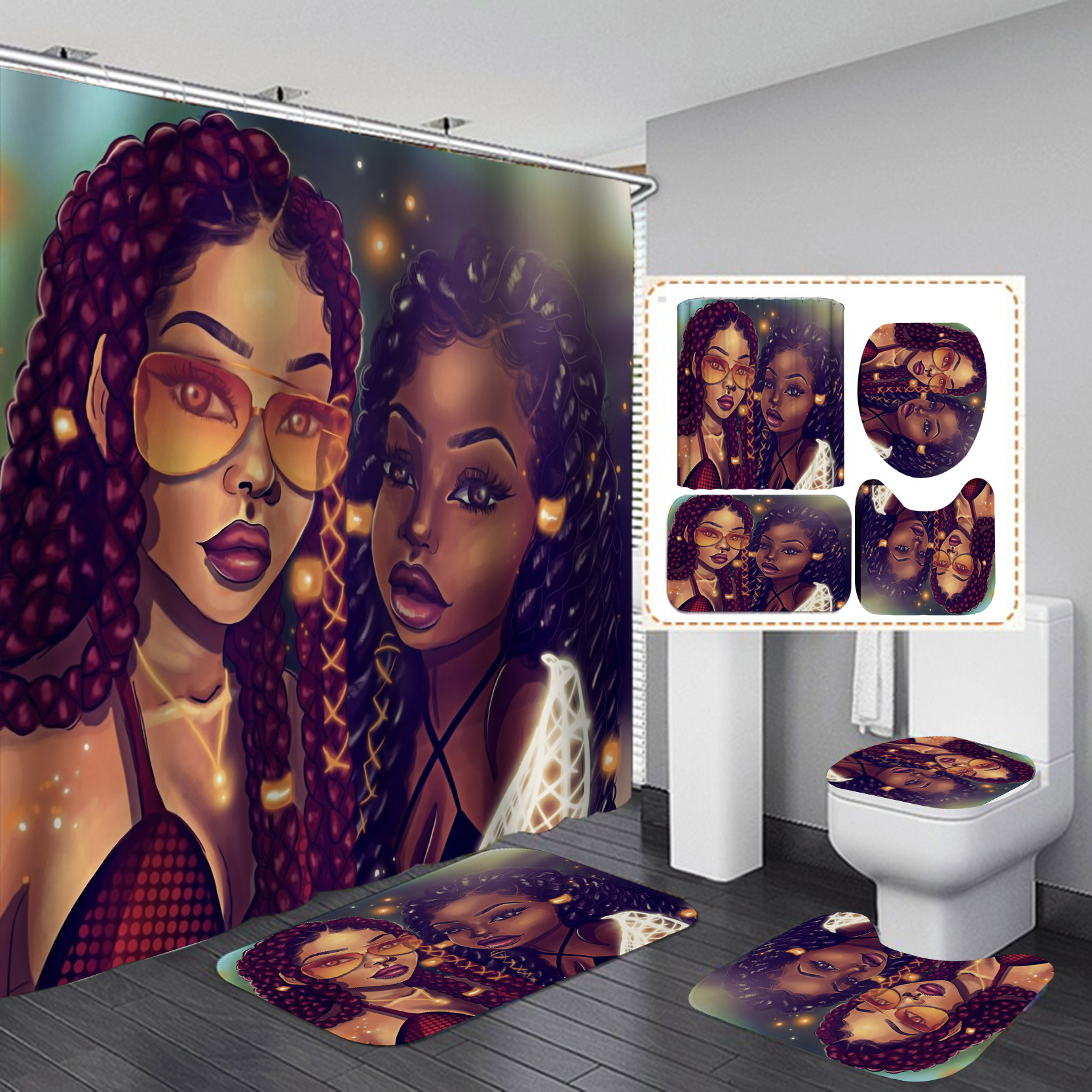 Nuevo suministro directo transfronterizo 3D Impresión digital impermeable baño Mujer Africana ducha cortina fábrica suministro directo Cortina de ducha al por mayor