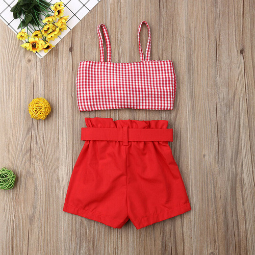 Summer European and American Girls' Red Clothes Grid Personalized Strap Top + Tied Bow Short Shorts Casual and Versatile