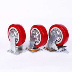 Wholesale 4-inch 5-inch red polyurethane casters PU heavy-duty wheels 6-inch 8-inch silent wear-resistant swivel casters with brakes