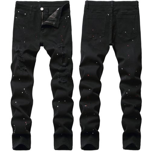 Men's Fashion Jeans, Art Specialty, Frayed, Micro-Elastic, Slim Straight Leg, Youth Style