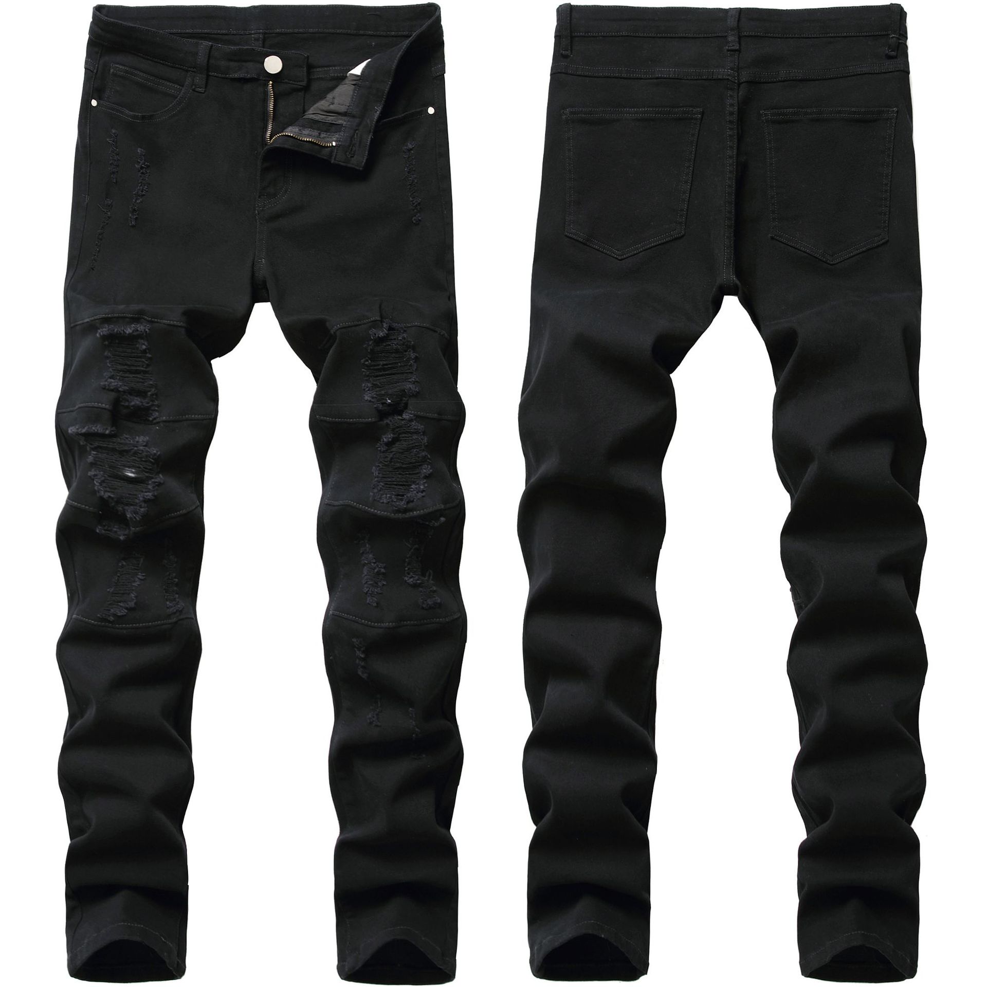 Black Skinny Stretch Slim-Fit Men's Jeans with Trendy Ripped Design, Washed, 2025 New Style, Youthful Street Style