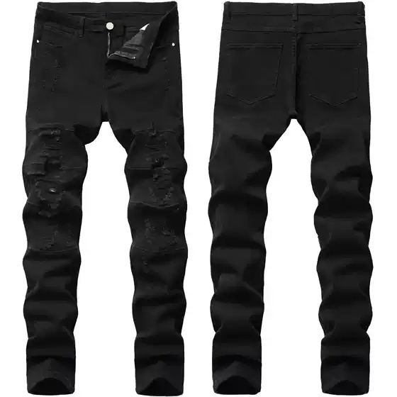 Black Skinny Jeans for Men, Stretchy Slim Fit, Trendy Ripped Washed Jeans, 2025 New Style, Youthful Street Fashion Brand