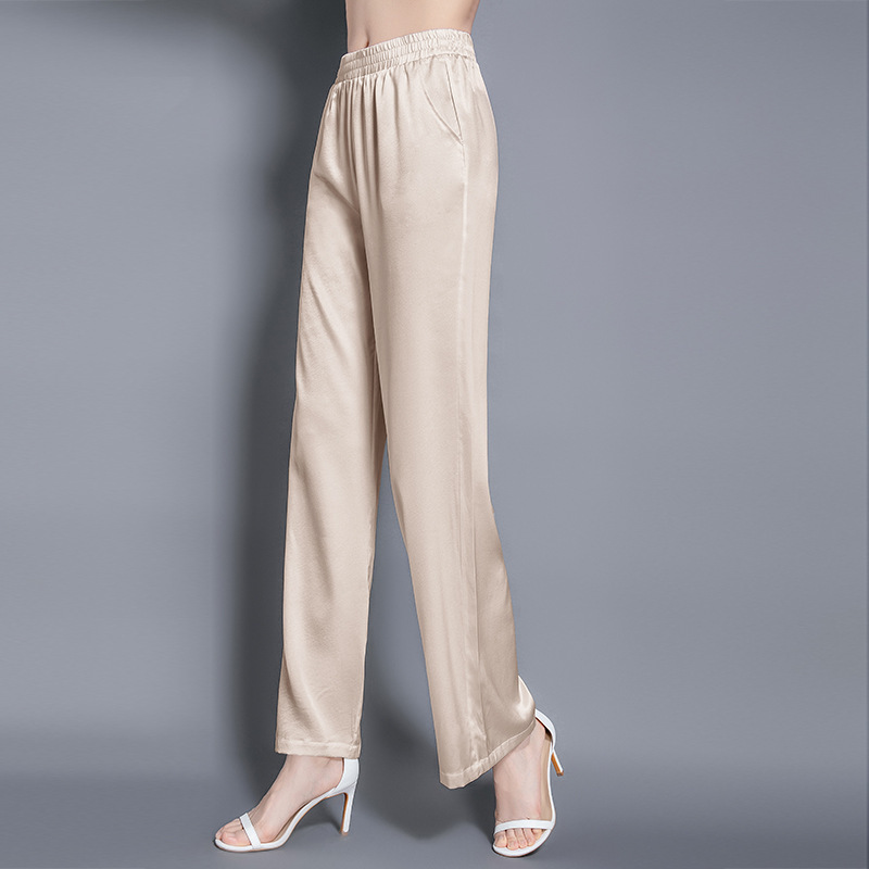 Silk Women's Pants Summer Mulberry Silk High-Waisted Wide-Leg Pants Slim and Versatile Casual Pants Loose Straight Black Long Pants