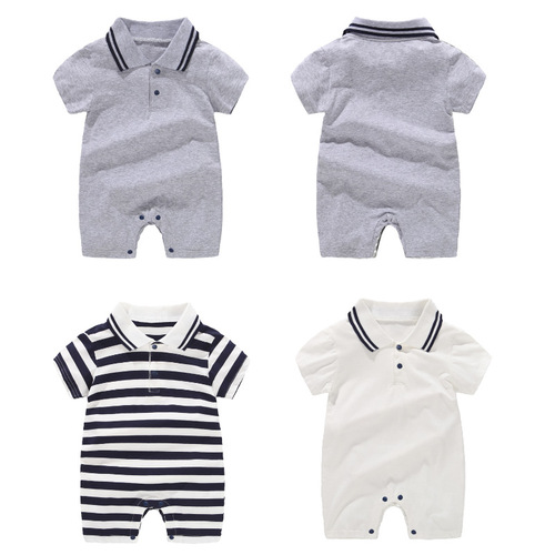 Newborn Baby Bodysuit Polo Collar Baby Clothes Summer Short Sleeve Thin Baby Clothes Solid Color Hati