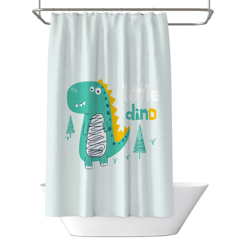 Cortina de ducha impermeable con estampado digital de dibujos animados de animales lindos, con letras y estampado de dinosaurio verde para comercio electrónico al por mayor._voghion.com