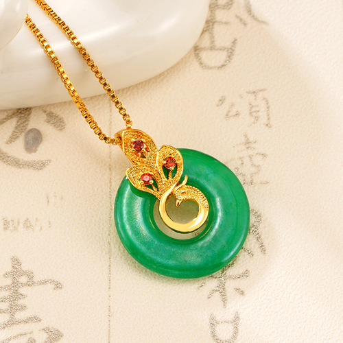 Golden Inlaid Jade Peacock Pendant for Women - imitation jadeite Hetian jade copper-plated gold cross-border accessory