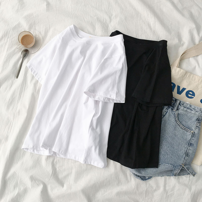 Summer New All-match Solid Color Short-sleeved Women's Korean-style ins Loose Basic Round Neck Casual T-shirt with Clothes Summer New All-match Solid Color Short-sleeved Women's Korean-style ins Loose Basic Round Neck Casual T-shirt with Clothes