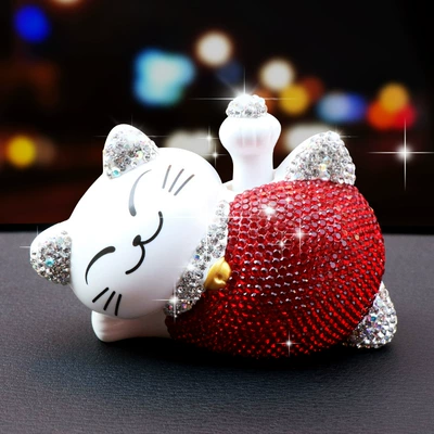 Lucky Cat car decoration fashion Diamond-embedded cute style lucky cat solar flash lucky cat decoration (Car ornaments) - silver-ears-red-body-diamond-cat