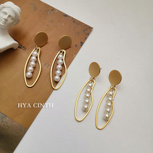 韩国东大门流行同款设计珍珠球耳环椭圆形镀真金日本珍珠耳钉饰品