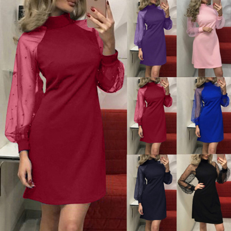 2025 European and American Style Aliexpress Amazon Wish Mesh Pearl Long-Sleeve Dress with Hip-Hugging Design and Bubble Sleeves