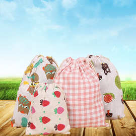 印花棉布束口袋便携束口收纳袋棉麻小布袋抽绳礼品包装袋衣物草莓