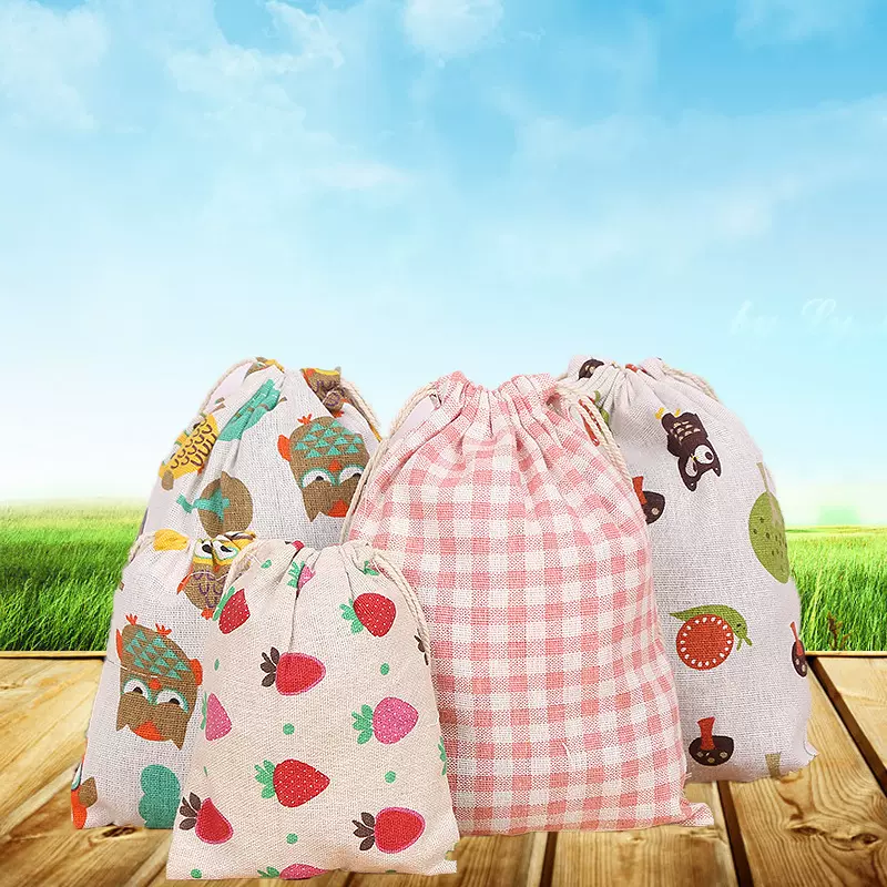 印花棉布束口袋便携束口收纳袋棉麻小布袋抽绳礼品包装袋衣物草莓