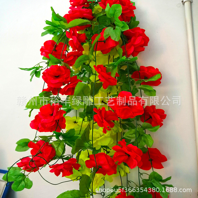 仿真玫瑰花藤壁挂假花藤条空调管装饰遮挡室内吊顶塑料花绢花藤蔓