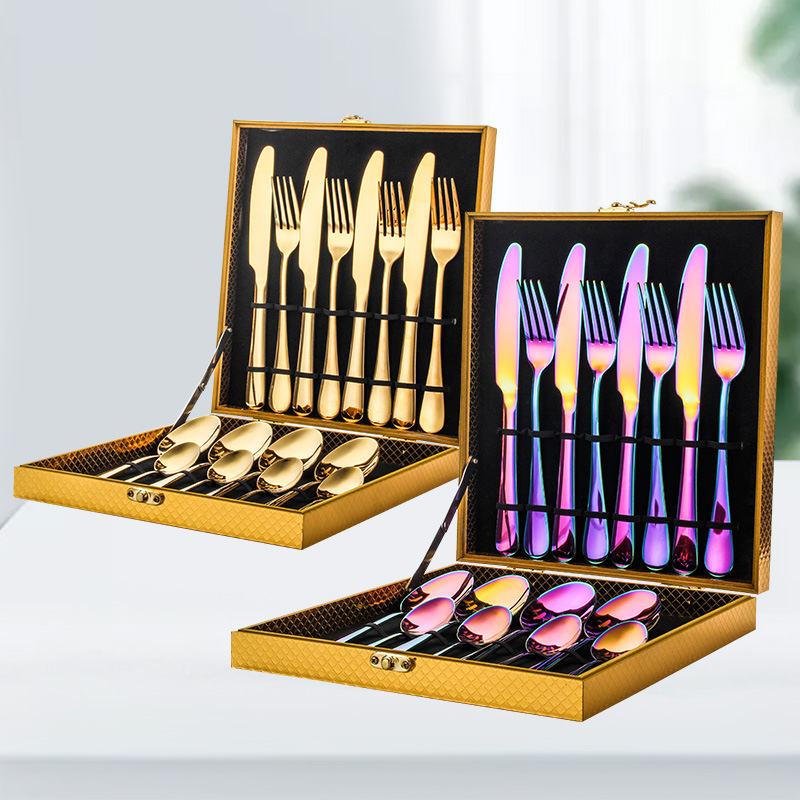 Spot stainless steel knife and fork spoon 16 sets gift gold wooden box set gold 1010 hotel Western tableware