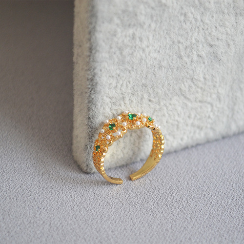 Vintage Western antique palace style carved lace emerald inlaid pearl ring index finger ring for women