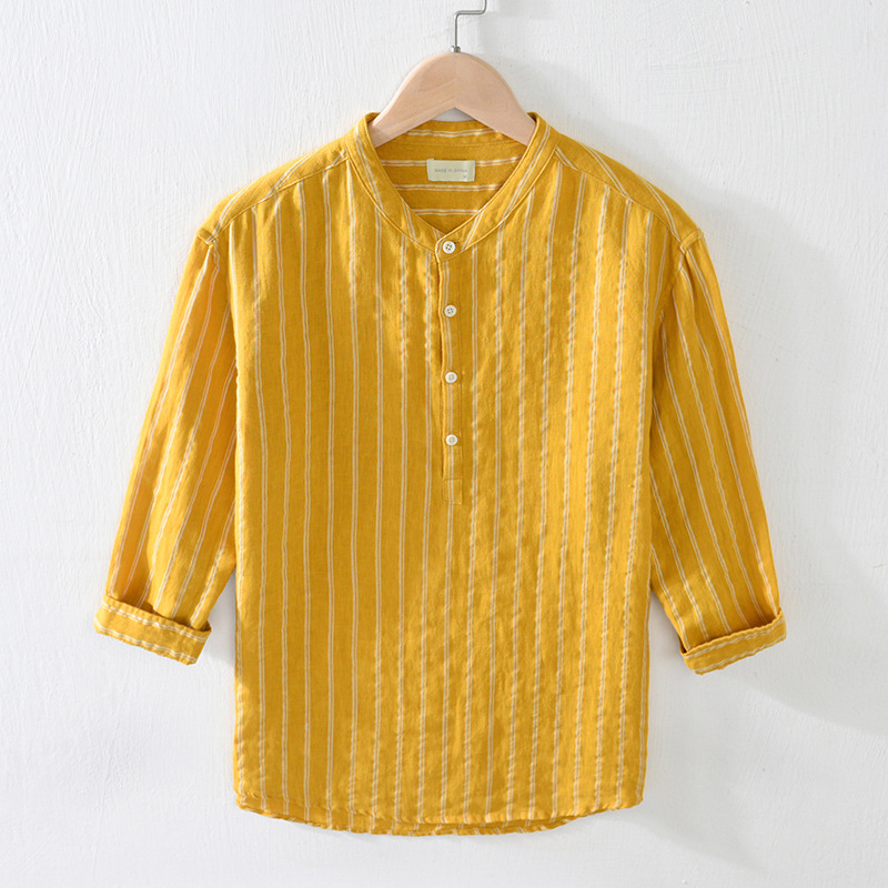 2035 Pure Linen Mid-Sleeve Shirt for Men, Loose Breathable Stand-Up Collar Top, Casual Three-Quarter Sleeve Stripesd Pullover Shirt for Men