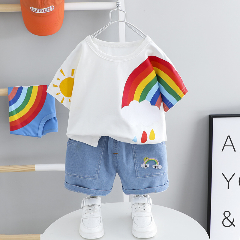 Girls' Summer New Children's Short-sleeved Rainbow Casual Suit Small and Medium-sized Children's Baby Short-sleeved Suit 1343 Girls' Summer New Children's Short-sleeved Rainbow Casual Suit Small and Medium-sized Children's Baby Short-sleeved Suit 1343