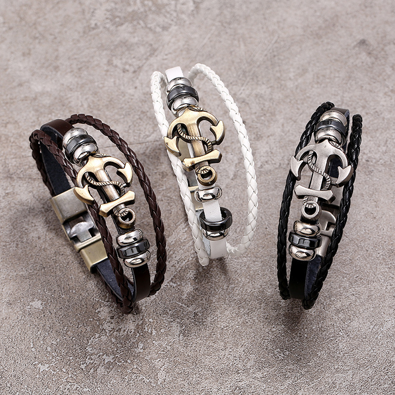 Retro Anchor Buckle Braided Leather Bracelet for Men and Women, European and American Style Multi-Layer Metal Decorative Bracelet, Fashionable and Personalized Accessory Retro Anchor Buckle Braided Leather Bracelet for Men and Women, European and American Style Multi-Layer Metal Decorative Bracelet, Fashionable and Personalized Accessory