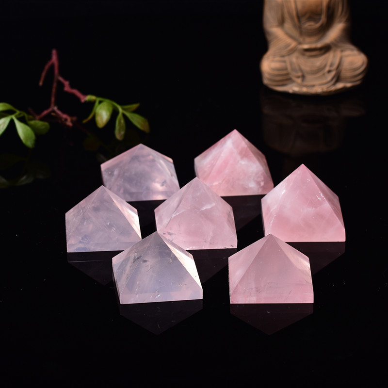 Crystal Pyramid Ornament, Raw Stone Polished and Demagnetized, Four-Sided Tower, Office Energy Tower, Amethyst and Rose Quartz Energy Crystal