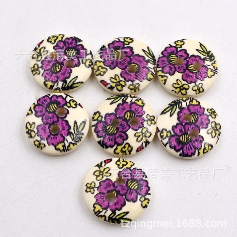 Botón de 15mm botón de madera Botón de impresión en color Botón de flor púrpura único 100 un paquete