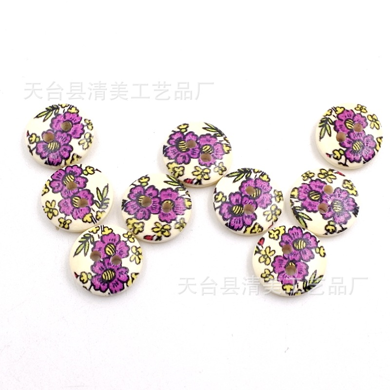 Botón de 15mm botón de madera Botón de impresión en color Botón de flor púrpura único 100 un paquete
