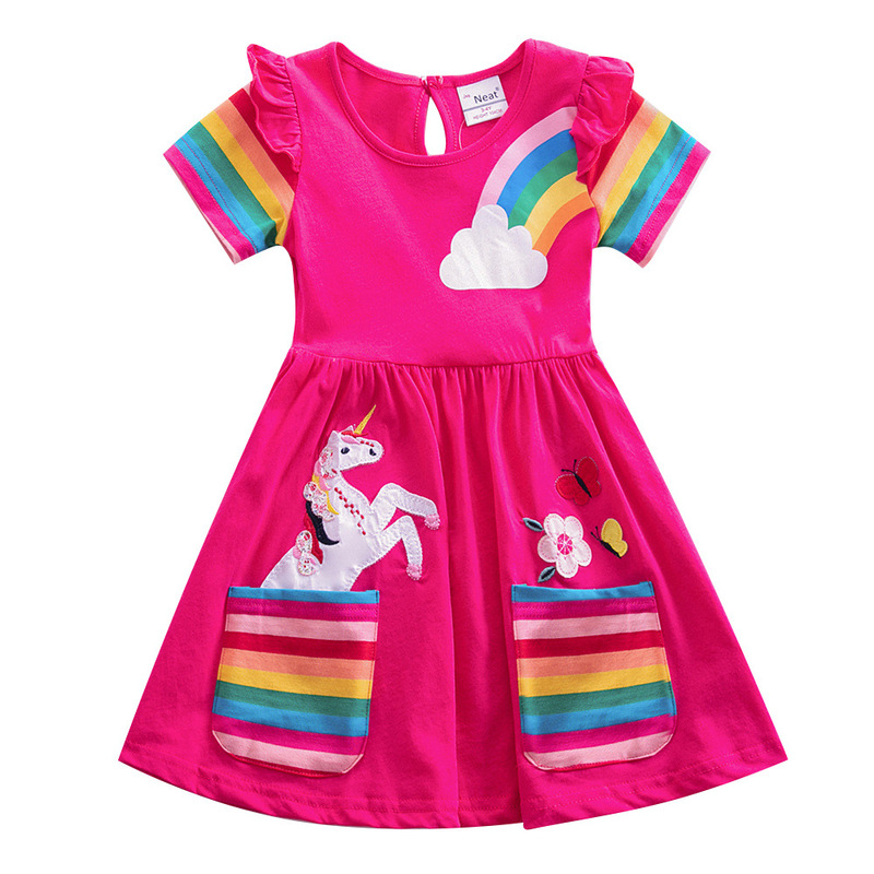 European and American Style Girls Short-Sleeved Unicorn Dress Summer New Embroidered Two Flap Pocket Pantss Rainbow Sleeves S81035