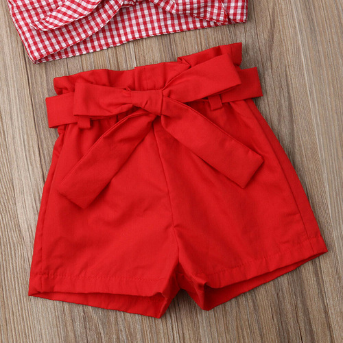 Summer European and American Girls' Red Clothes Grid Personalized Strap Top + Tied Bow Short Shorts Casual and Versatile