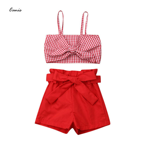 Summer European and American Girls' Red Clothes Grid Personalized Strap Top + Tied Bow Short Shorts Casual and Versatile