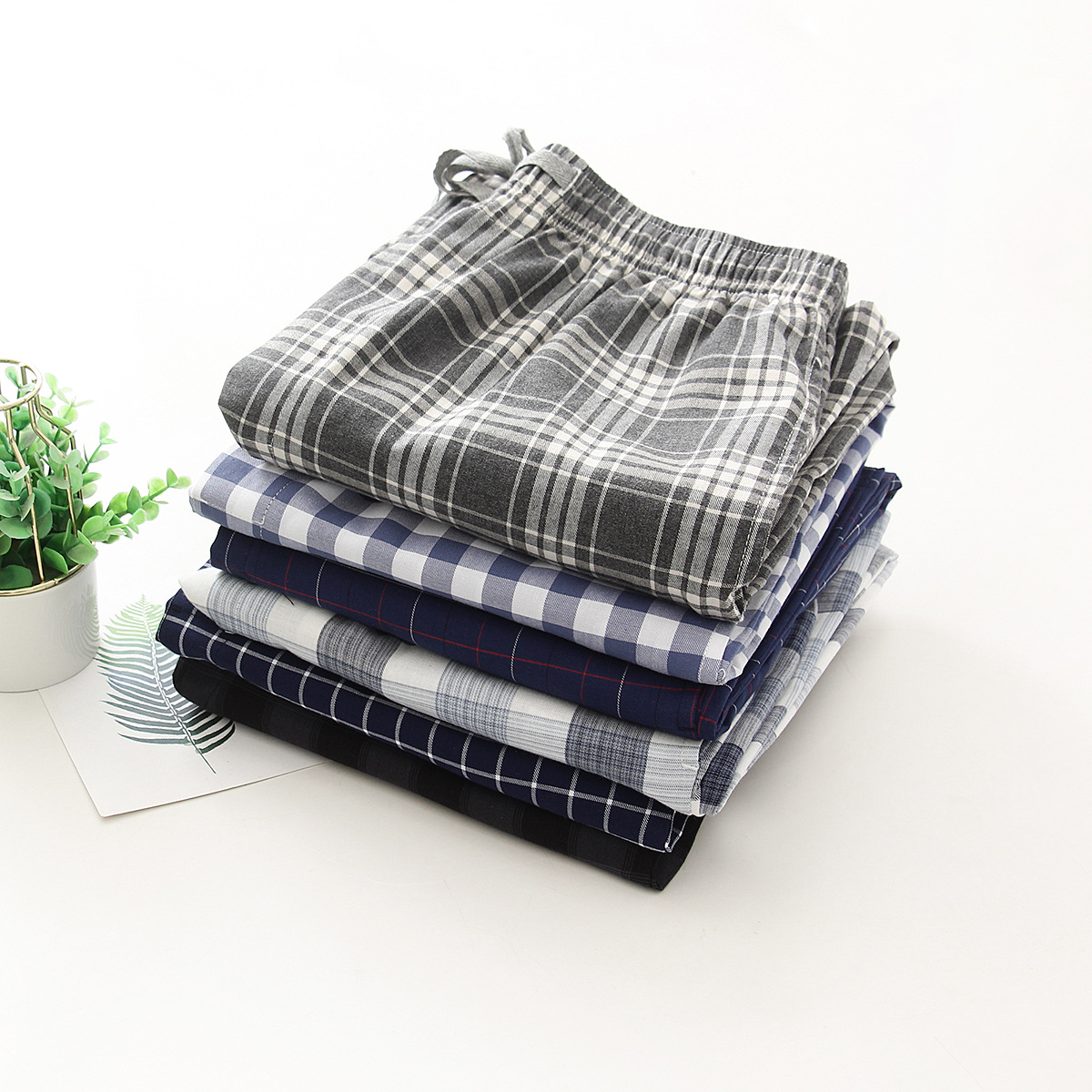 Pantalones de pijama delgados de primavera y verano para hombres Algodón puro más tamaño suelto cómodo aire acondicionado transpirable pantalones para el hogar Comercio exterior nuevo Amazon