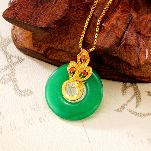Golden Inlaid Jade Peacock Pendant for Women - imitation jadeite Hetian jade copper-plated gold cross-border accessory