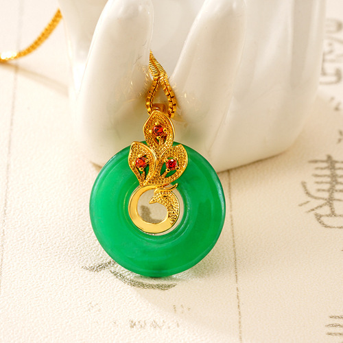 Golden Inlaid Jade Peacock Pendant for Women - imitation jadeite Hetian jade copper-plated gold cross-border accessory