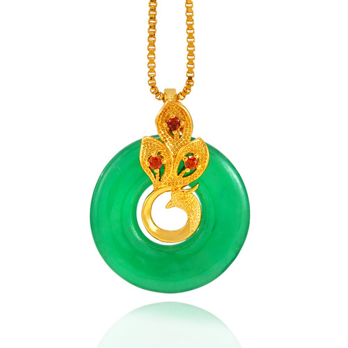 Golden Inlaid Jade Peacock Pendant for Women - imitation jadeite Hetian jade copper-plated gold cross-border accessory