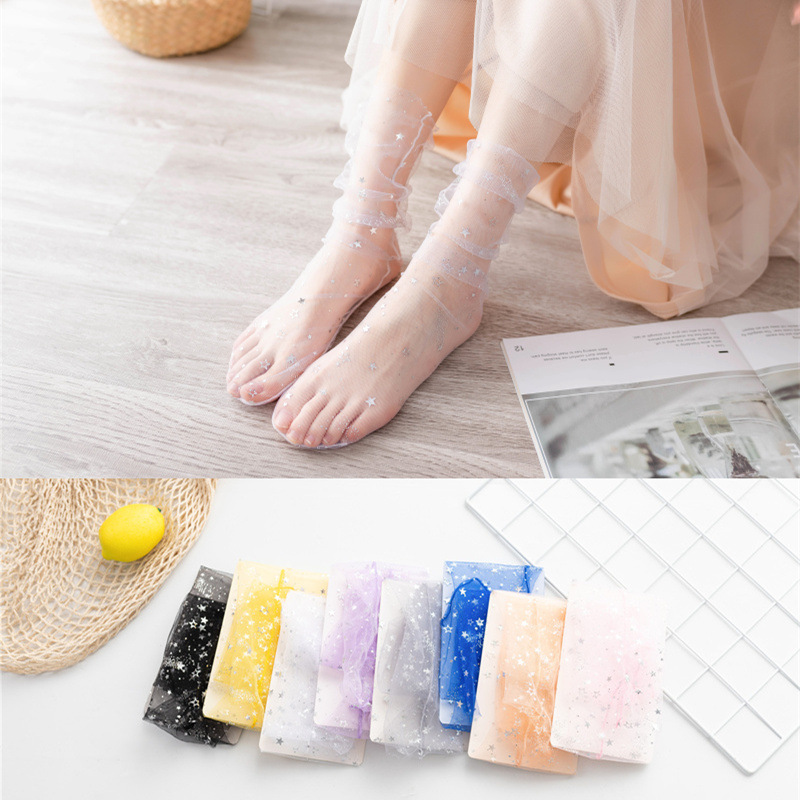 Calcetines de pelo fino de verano japonés calcetines de hadas estrella de estampado en caliente calcetines de princesa transpirables de encaje calcetines de malla transparente