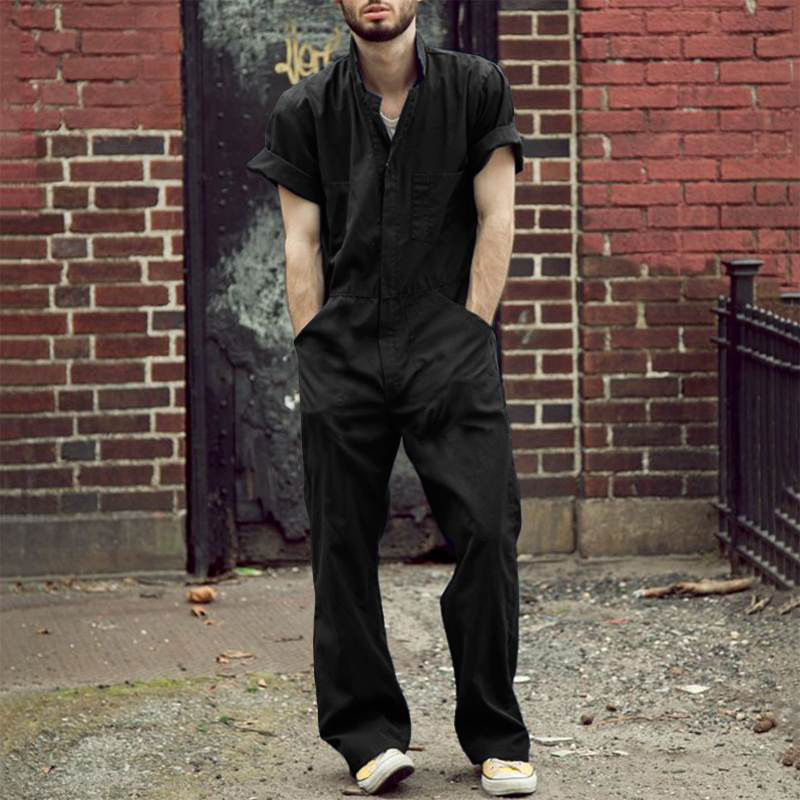 Amazon cross-border Men's multi-pocket design overalls lapel European and American loose version solid color casual jumpsuit