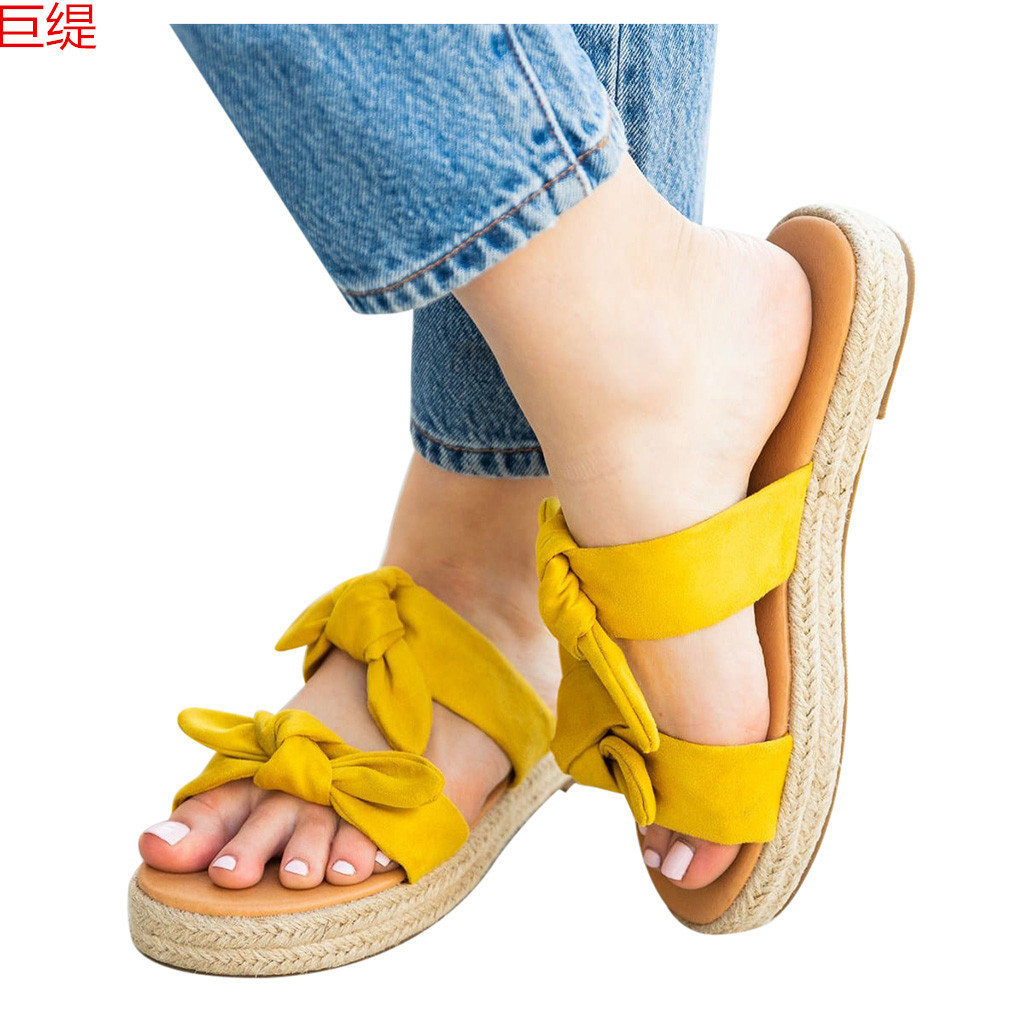 Juti Spot Summer Foreign Trade Large Size wish Independent Station Flat Bottom Hemp Rope Bow Women Flat Bottom Slippers