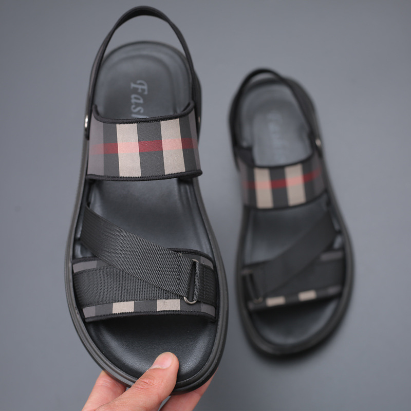 Sandalias transpirables de verano, zapatillas casuales para hombres, zapatos de playa de tela a cuadros con punta abierta, suela blanda de látex incorporada, zapatos cómodos para hombres