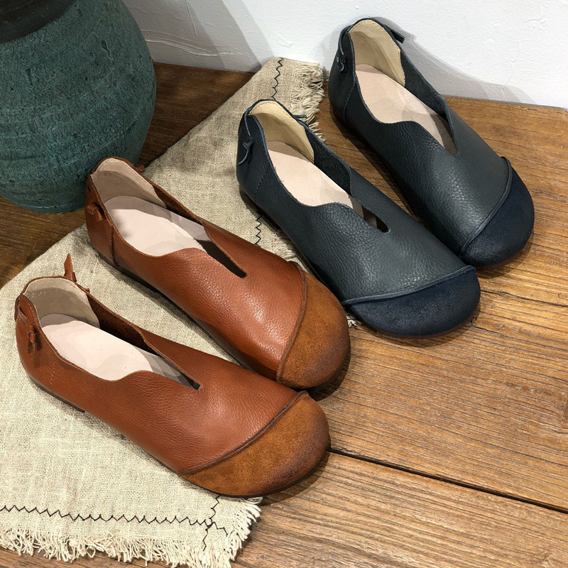 Special offer factory direct artistic handmade genuine leather women's shoes retro soft flat round toe casual cowhide grandma single shoes women