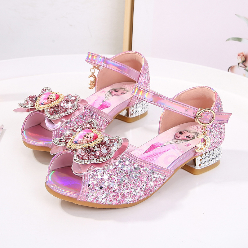 Children's High-Heeled Sandals, New Summer Style Girls' Crystal Shoes, Medium and Large Children's Soft-Soled Ice and Snow Elsa Princess Shoes, Non-Slip
