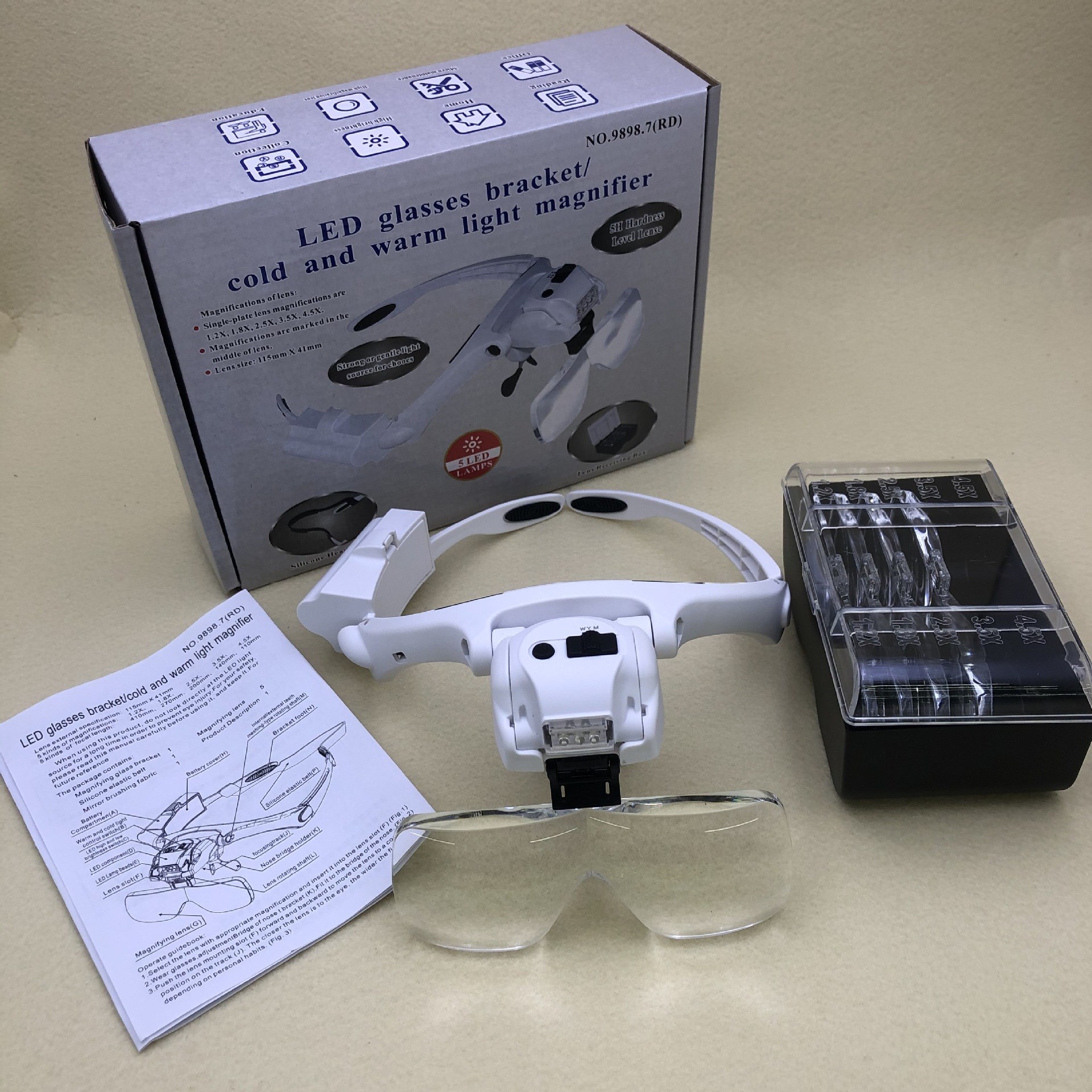 新款9898.7（RD）5LED眼镜式放大镜 3种光源 可换头带多镜片
