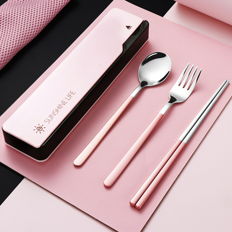 Cute 304 stainless steel portable tableware set student office worker chopsticks spoon Fork three-piece tableware box
