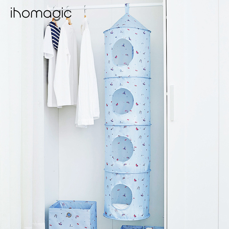Diversión de los niños frescos cubo redondo de almacenamiento colgante bolsa armario colgante bolsa de almacenamiento multi-capa abierta plegable dormitorio cubo de almacenamiento