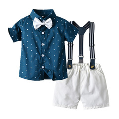 European and American-style kids' clothing: Boys' printed short-sleeve shirt with suspenders—summer two-piece trendy set for wholesale, perfect for kids
