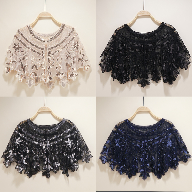 Cross-Border 1920S Retro Sequin Shawl Mesh Sequin Cardigan Short Dress Prom Shawl Dress Waistcoat