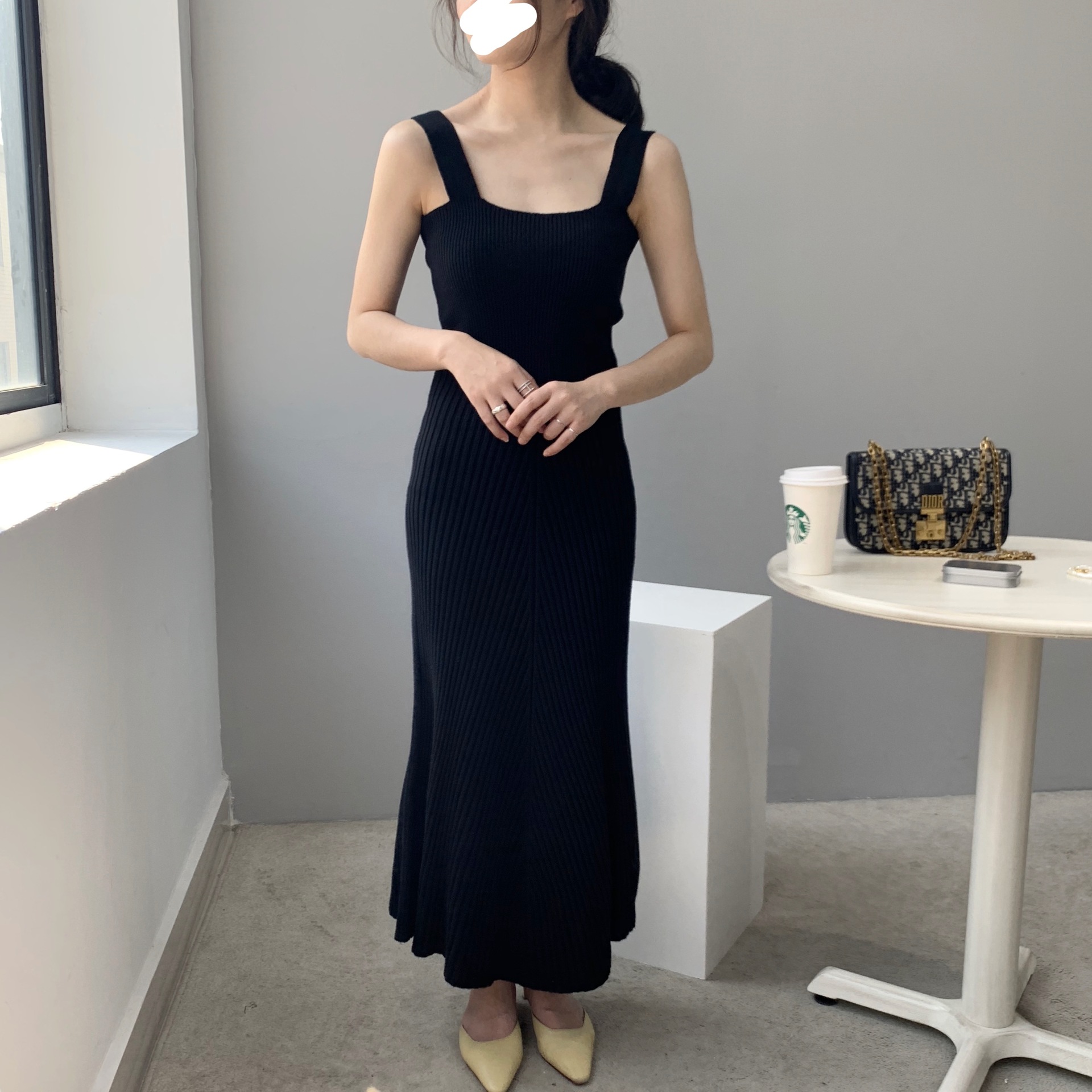 嘉織無地キャミソール風マタニティワンピースニットスクエアネックゆったりセクシー秋冬セーターロングワンピースB8002