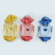 韩版夏季婴幼童男女宝宝可爱卡通条纹T恤短裤套装婴儿送帽子