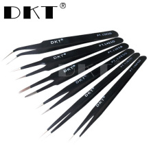 DKT精密加硬手柄压边不锈钢镊子AA夹子尖头扁头弯头黑色烤漆夹