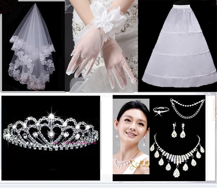 Venta al por mayor accesorios de boda paquete velo falda soporte guantes corona collar pendientes anillo pulsera valor ocho piezas traje image 5